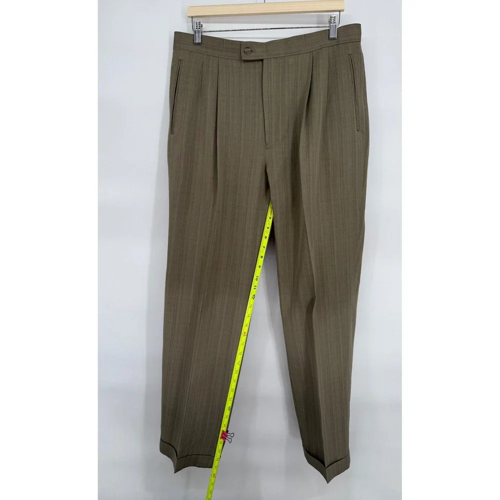 Louis‎ Raphael Tailored Pleated Striped Dress Pants Men 34x32 Khaki Tan